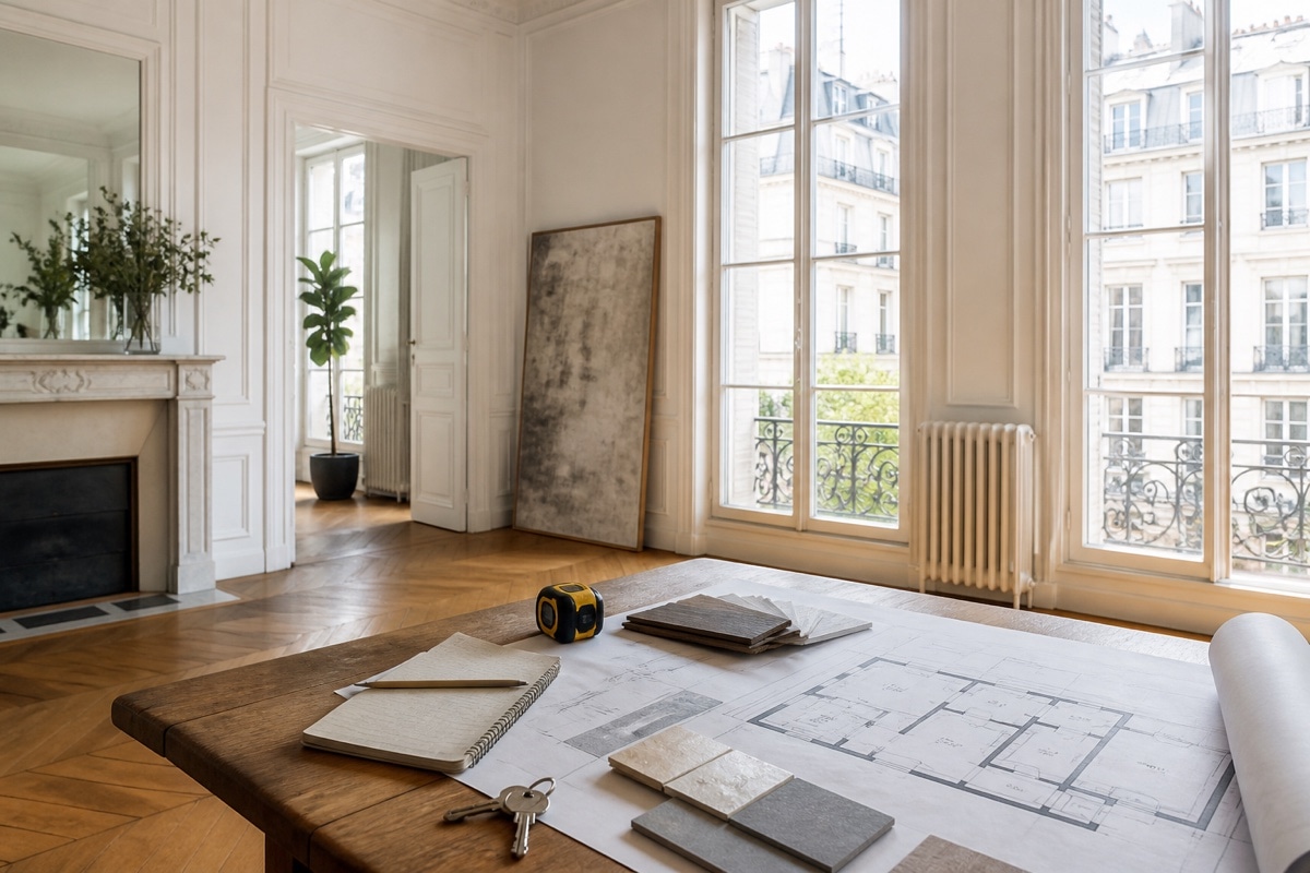 Plans, matériaux et clés préparés dans un appartement parisien lumineux avant travaux